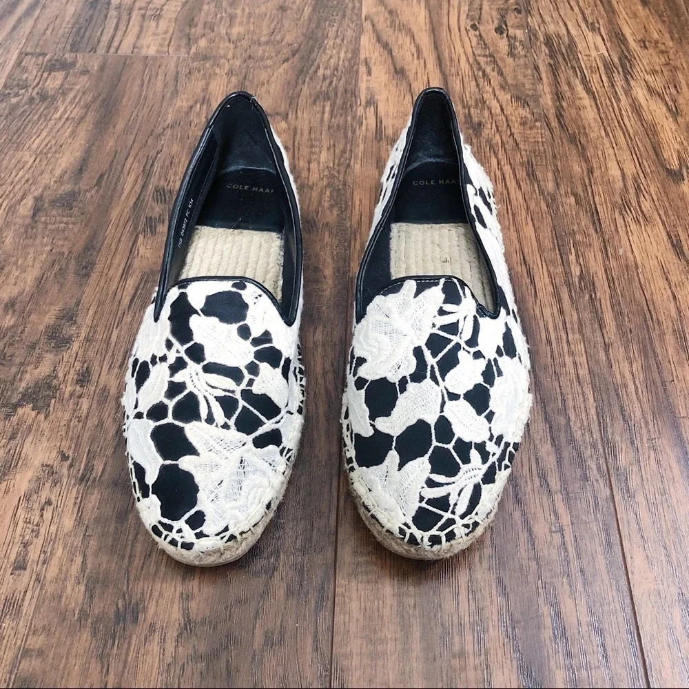 Cole Haan • Palermo lace espadrilles flats slip on loafers black leather cream